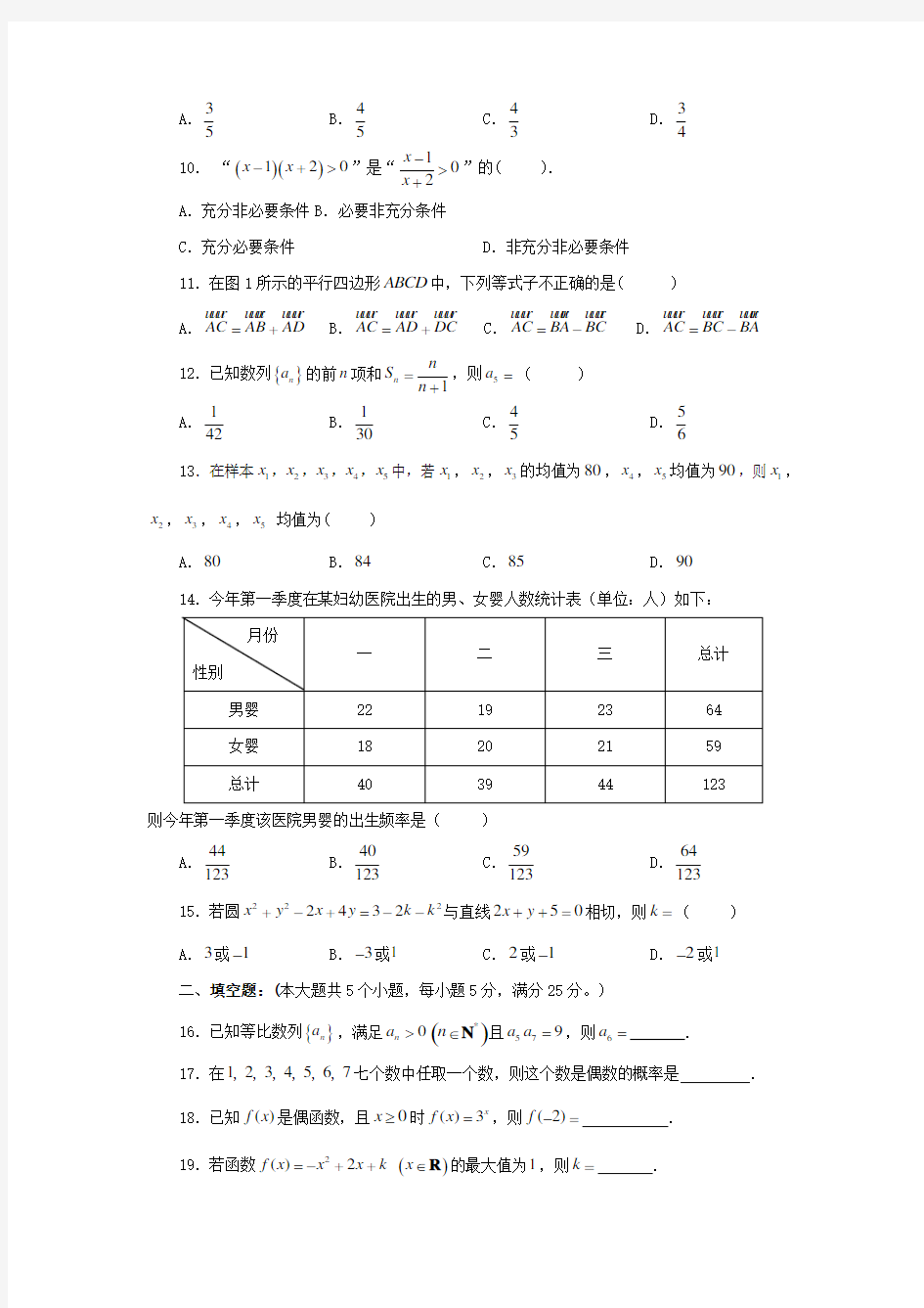广东省证书高职高考数学试卷真题及参考答案