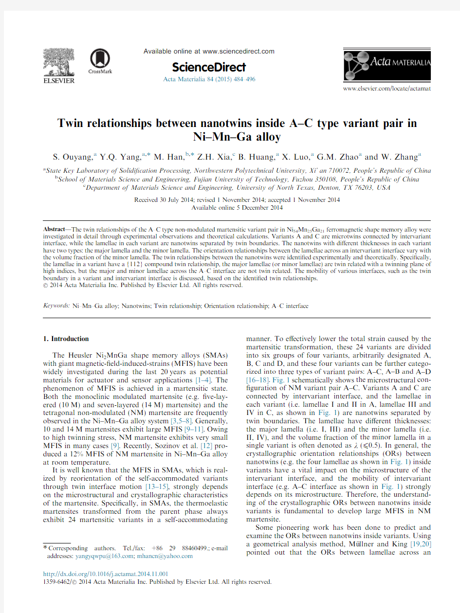 Twin relationships between nanotwins inside A–C type variant pair in Ni–Mn–Ga alloy