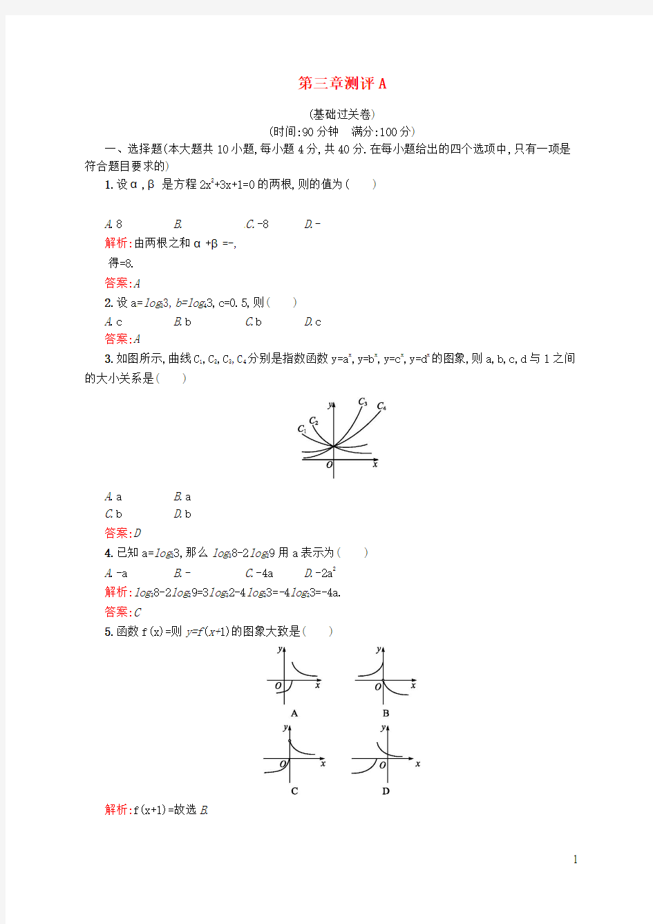 2016-2017学年高中数学第三章基本初等函数(Ⅰ)本章测评A新人教B版必修1(新)