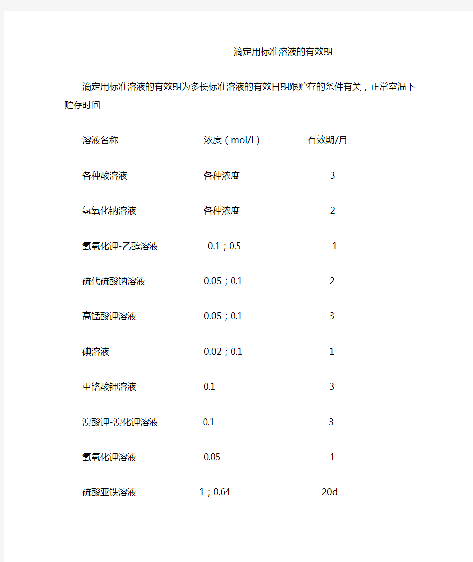 滴定用标准溶液的有效期