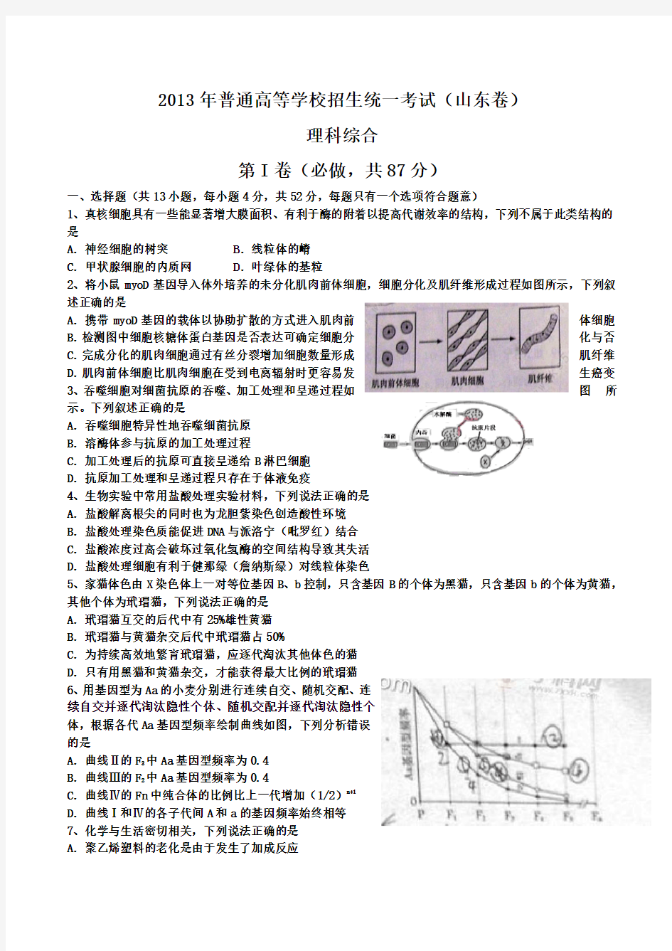 2013年山东高考理综试题及答案