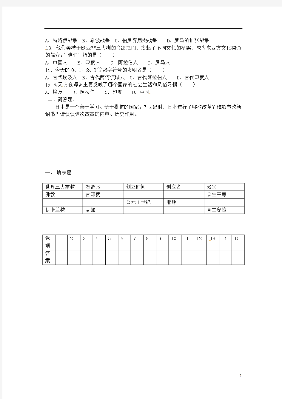 山东省淄博市博山区第六中学2013-2014学年八年级历史4月单元检测试题