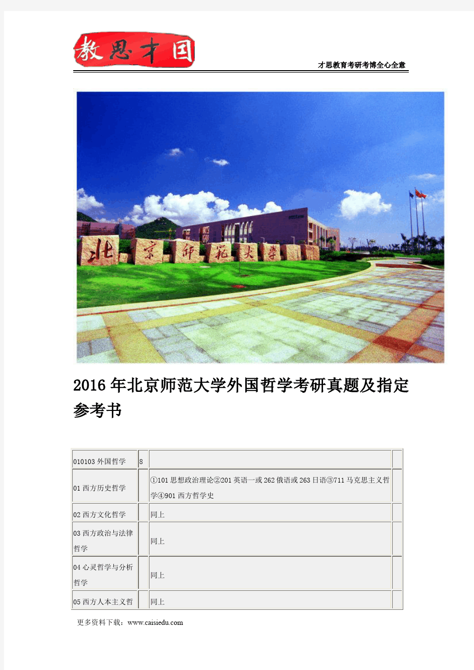 2016年北京师范大学外国哲学考研真题及指定参考书