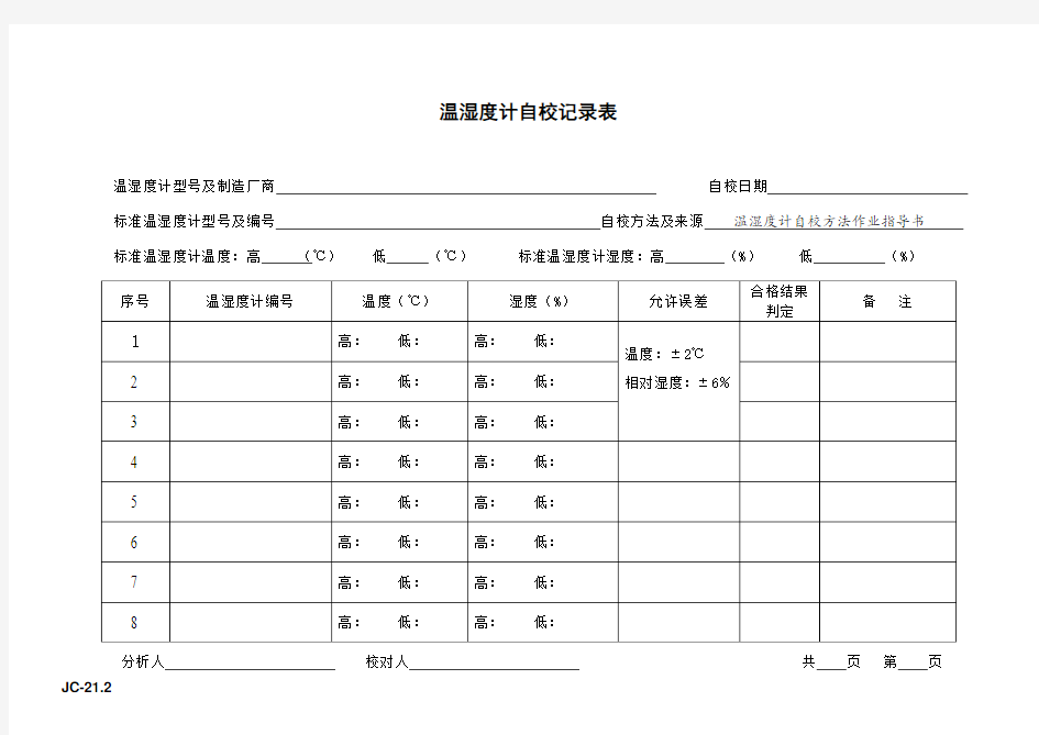 JC-21.2 温湿度计自校记录表1.0