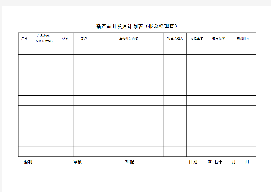 新产品开发月计划表