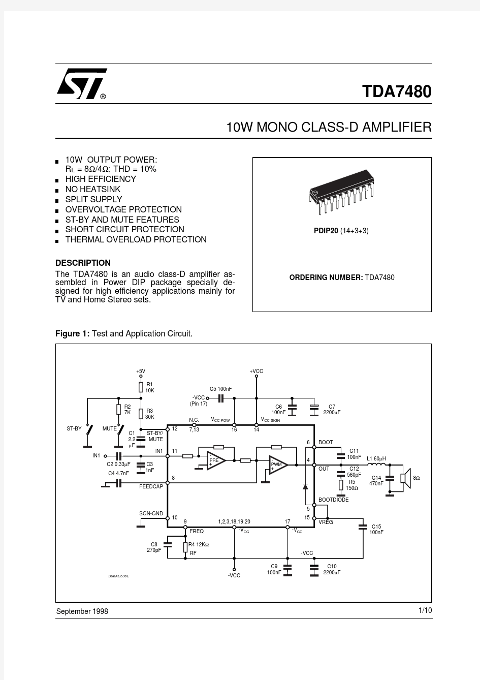 tda7480单声道D类10w功放IC