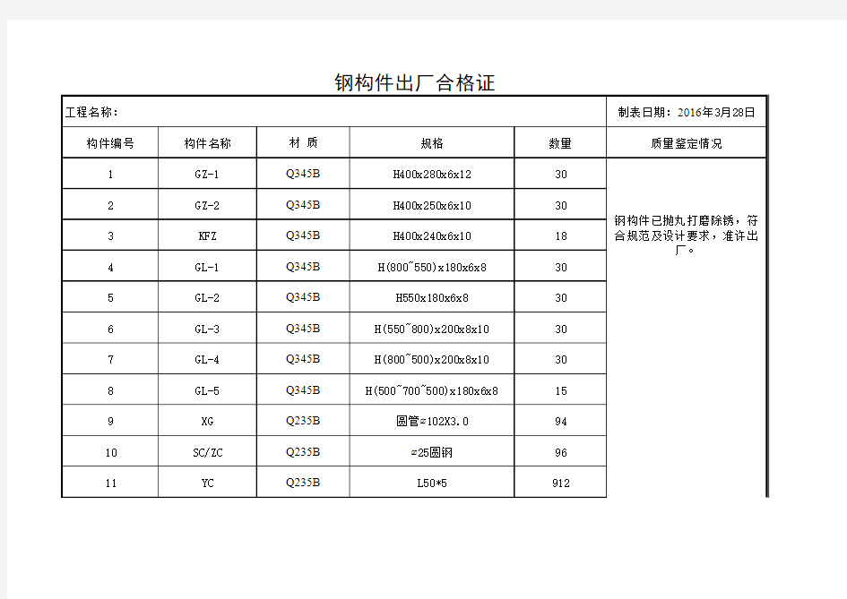 钢结构构件出厂合格证 - 副本