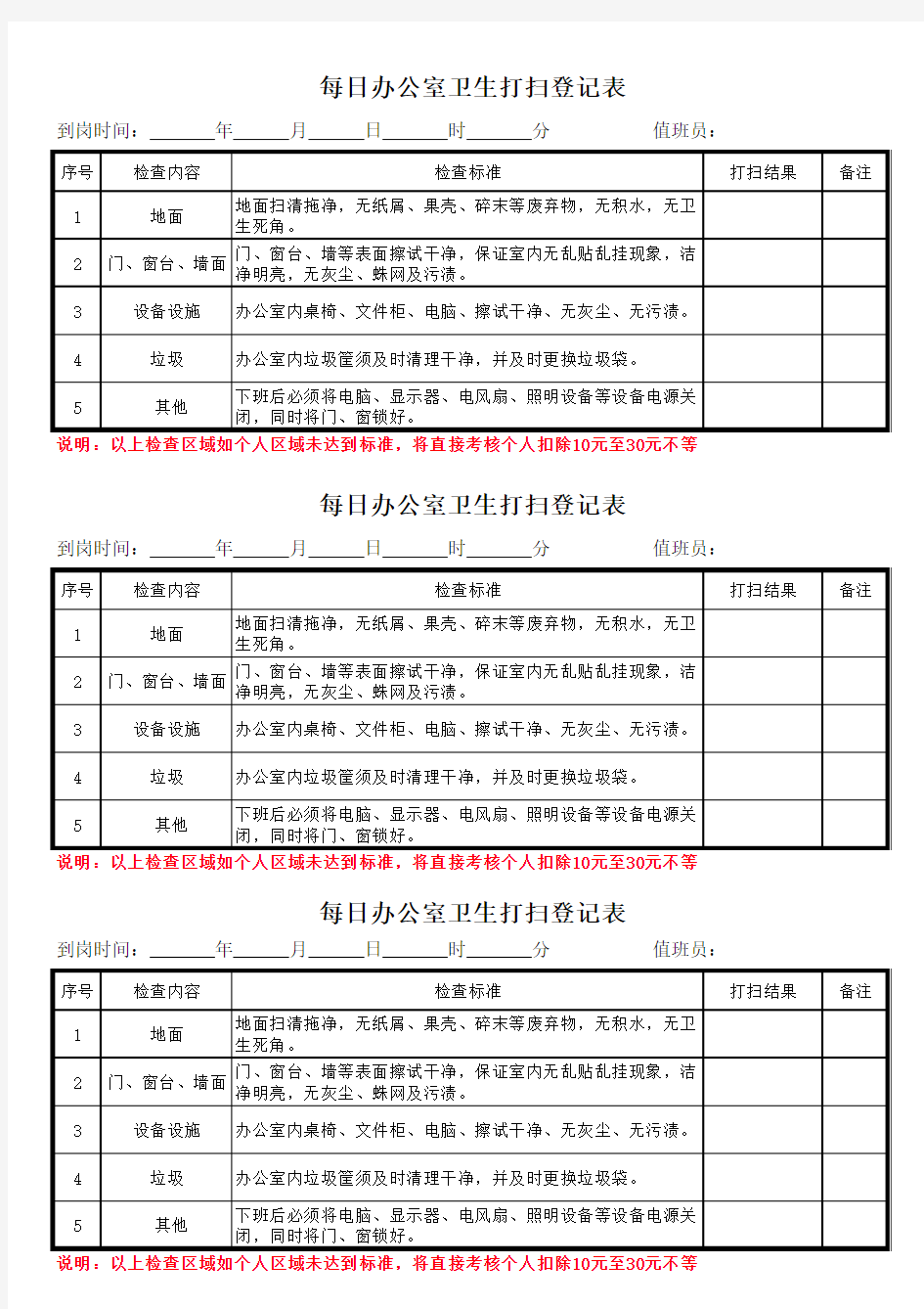 每日办公室卫生打扫标准