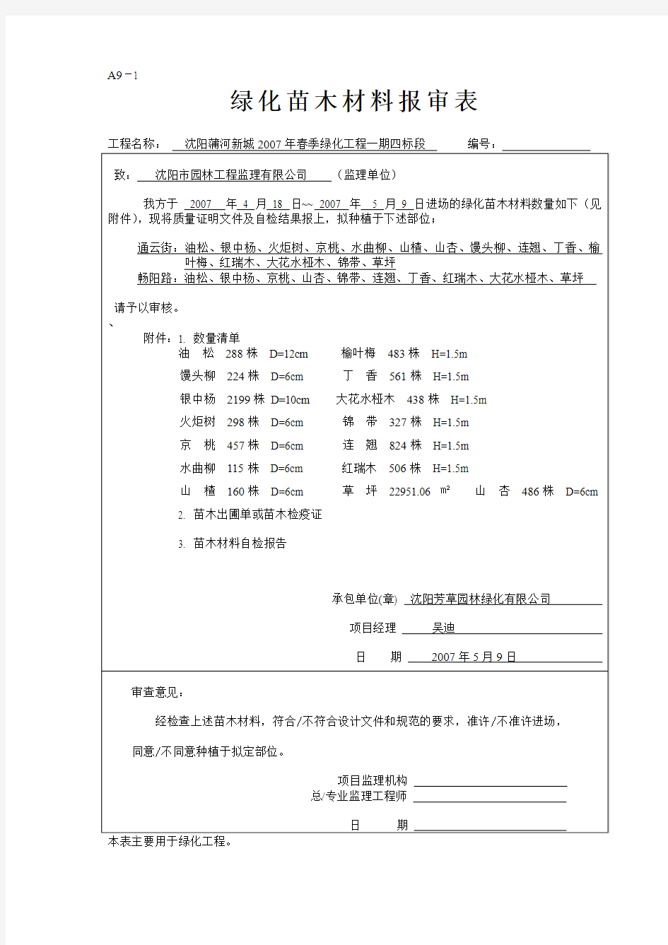 绿化苗木材料报审表