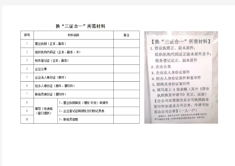 三证合一所需材料