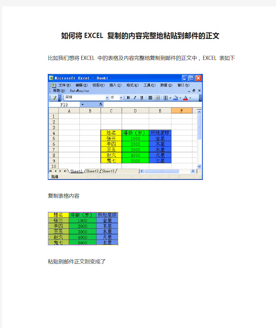 如何将EXCEL复制的内容完整地粘贴到邮件的正文