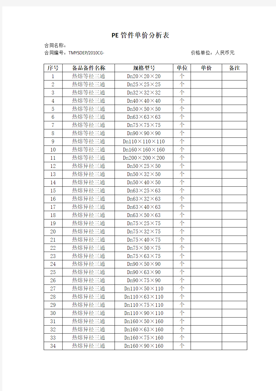 PE管件单价分析表