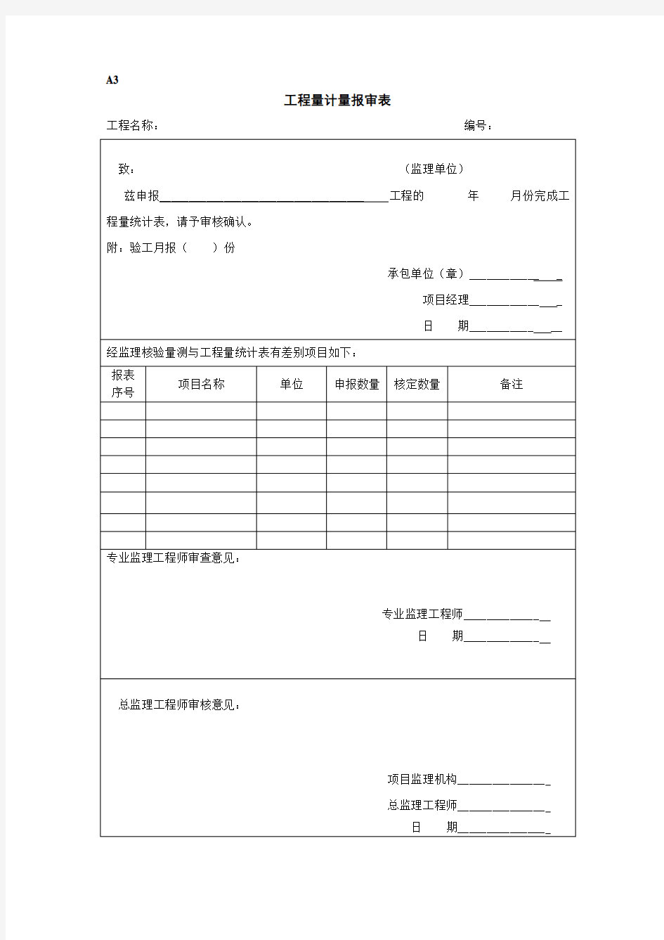 工程量计量报审表