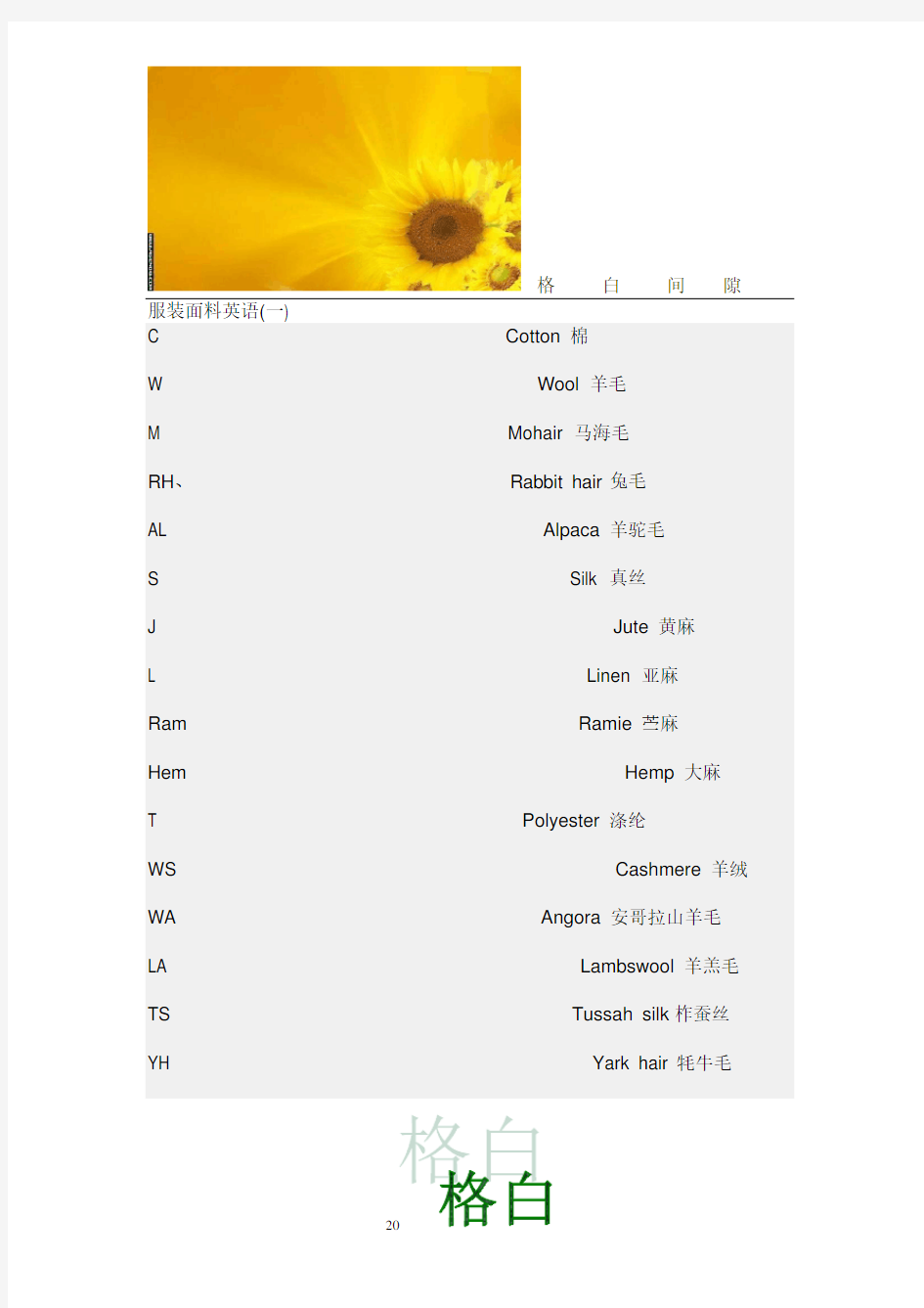 服装面料专有词汇(中英文对照)
