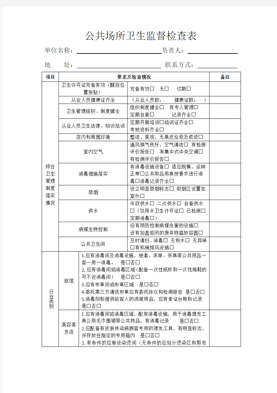 公共场所卫生监督检查表(超实用)