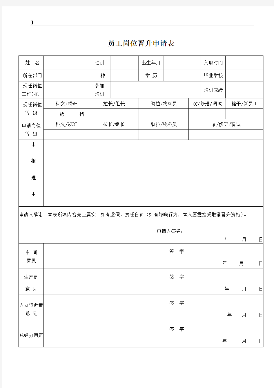 员工岗位晋升申请表