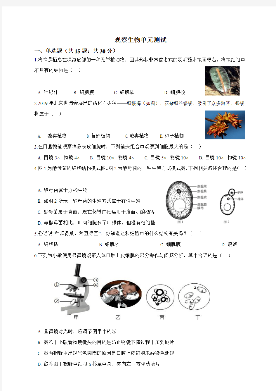 浙教版七年级上册 第2章观察生物 单元测试含答案