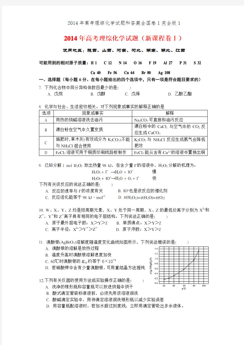 2014年高考理综化学试题和答案全国卷1完全版1