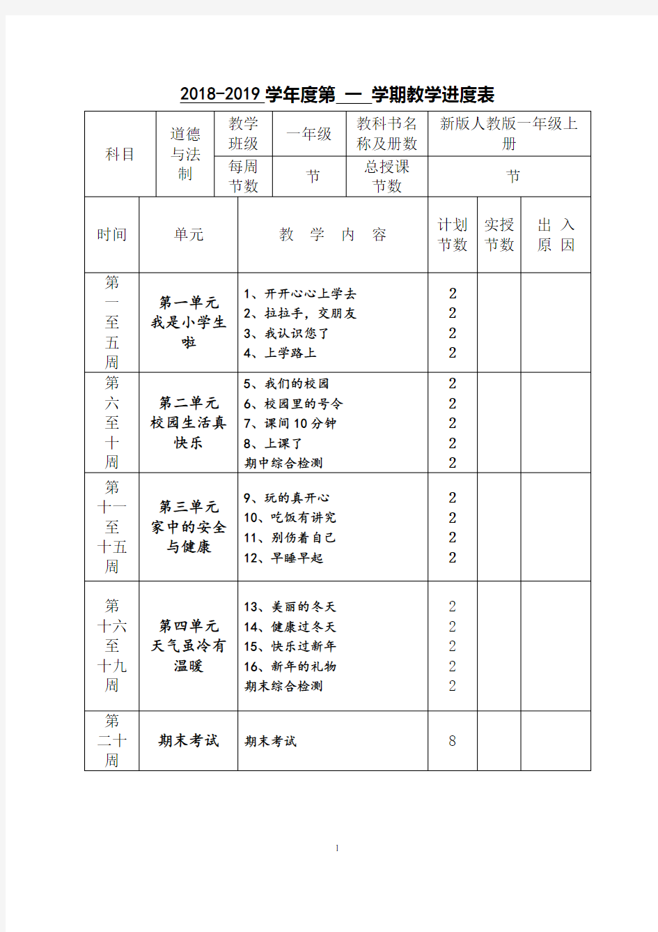 2018新人教版小学一年级上册道德与法治全册教案