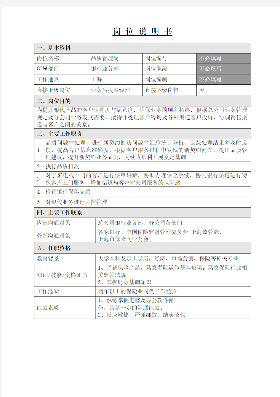 品质管理岗位职责