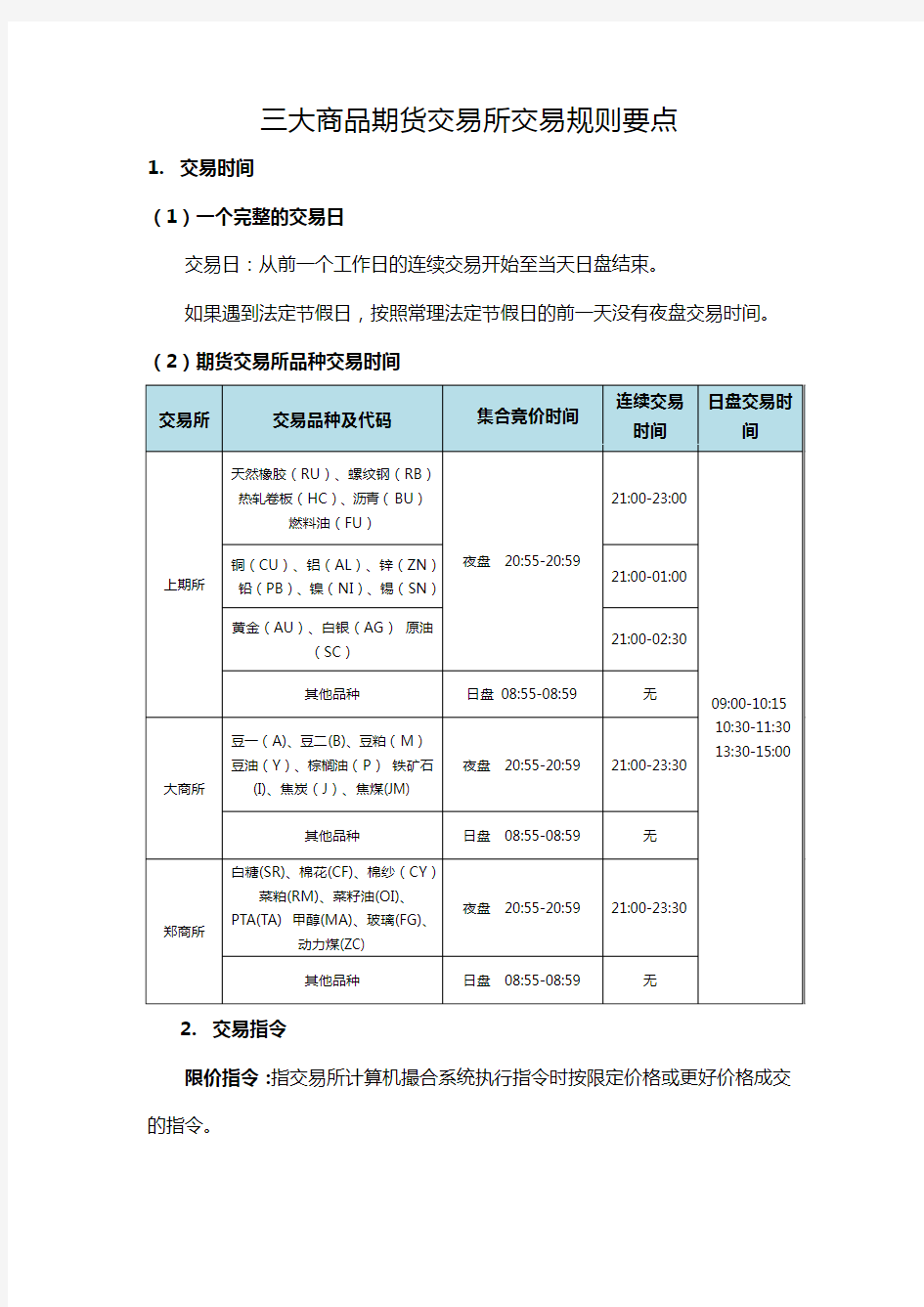 三大商品期货交易所规则要点整理