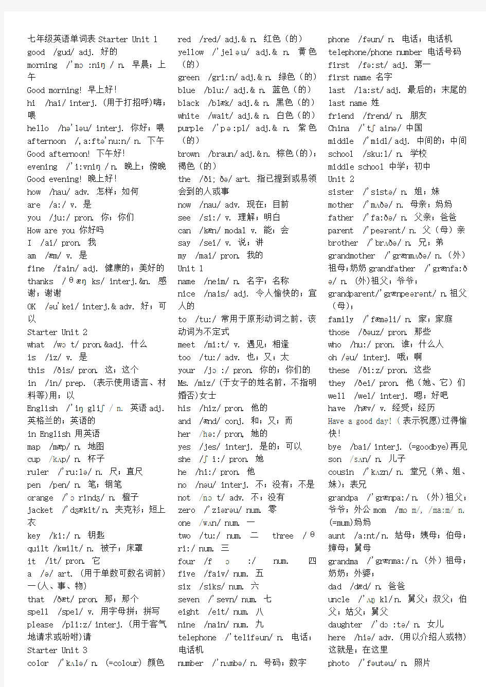 新版人教版七年级上册英语词汇表