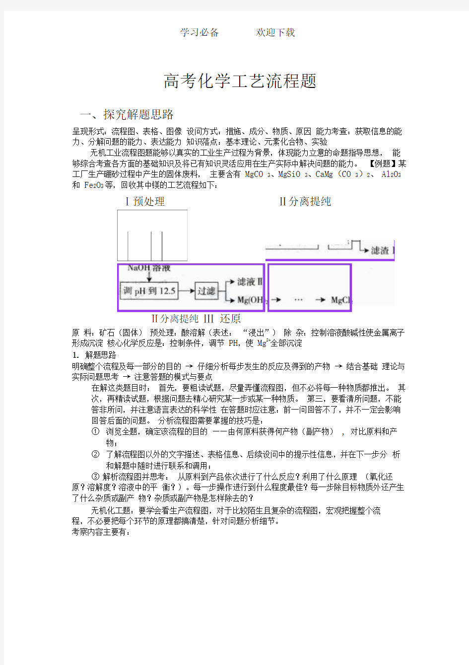 高考化学工艺流程专题(一)要点