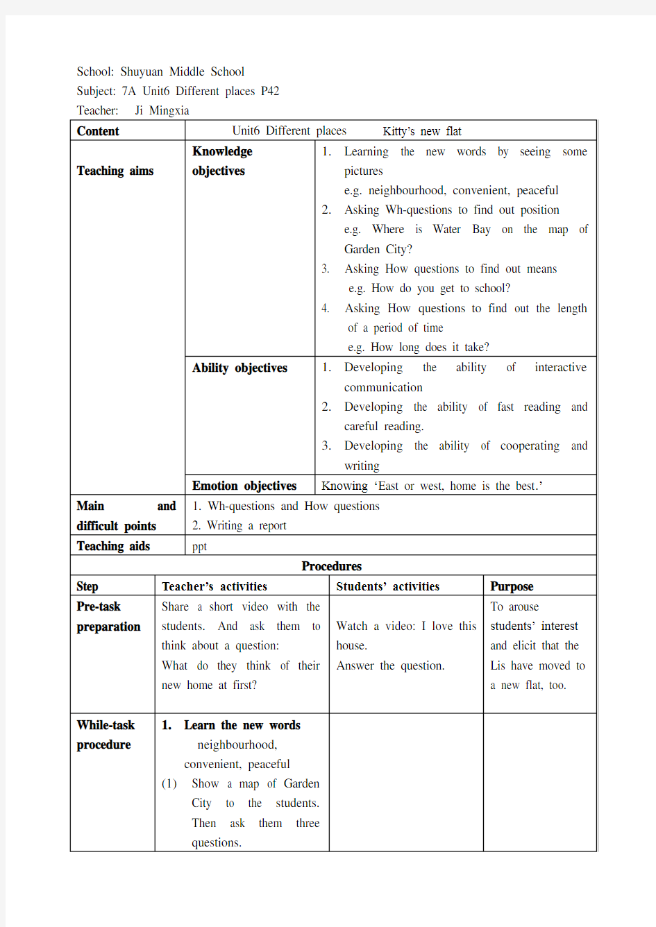 上海牛津英语7A Uint 6 Different places教案