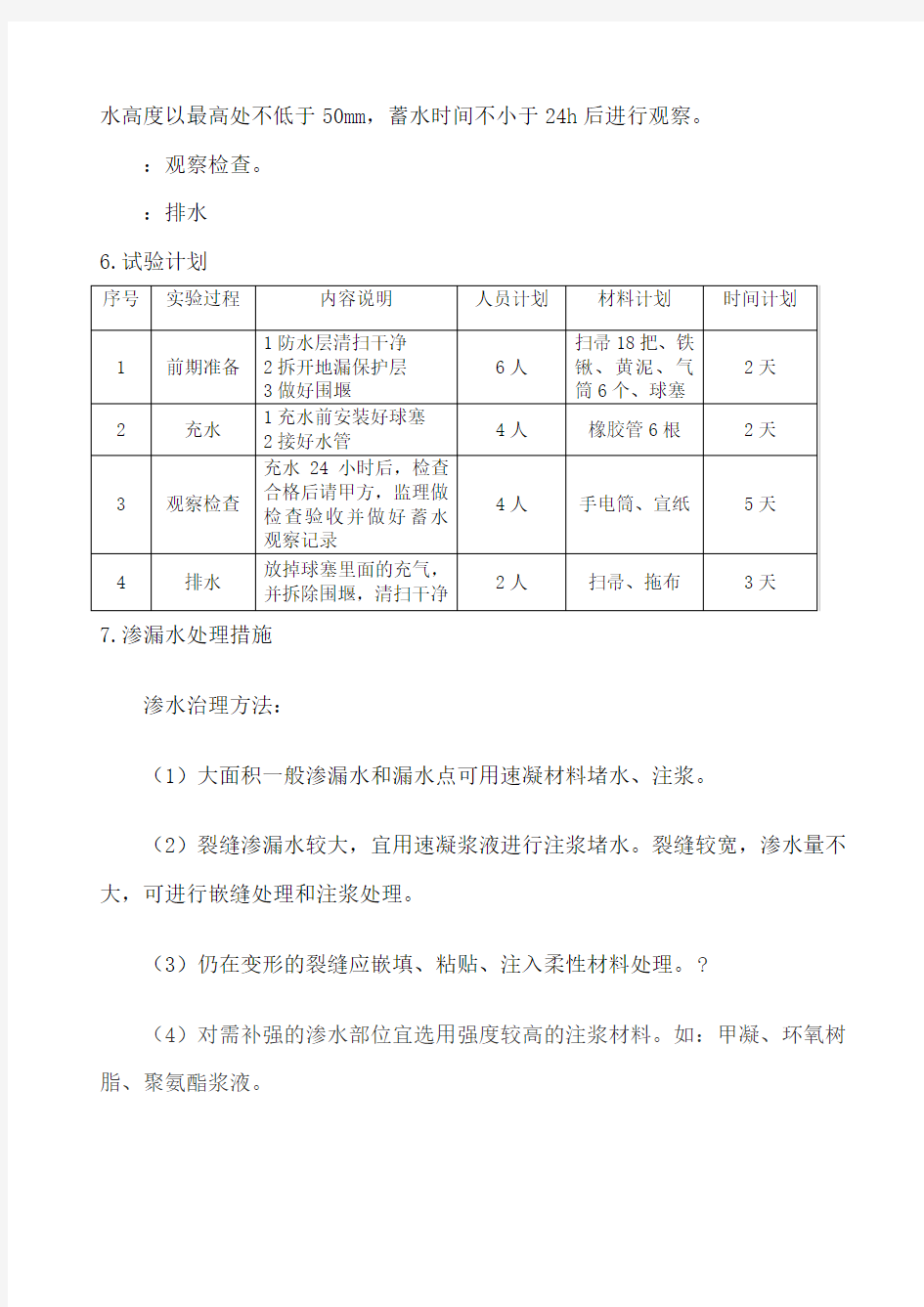 厨房、卫生间蓄水试验方案