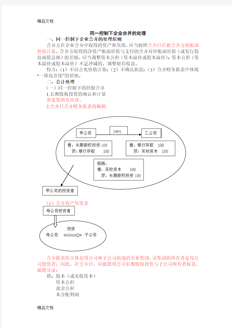 同一控制下企业合并的处理及例题教学文案