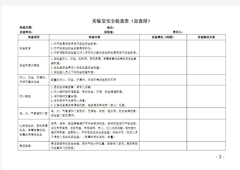 实验室安全检查表(自查用)