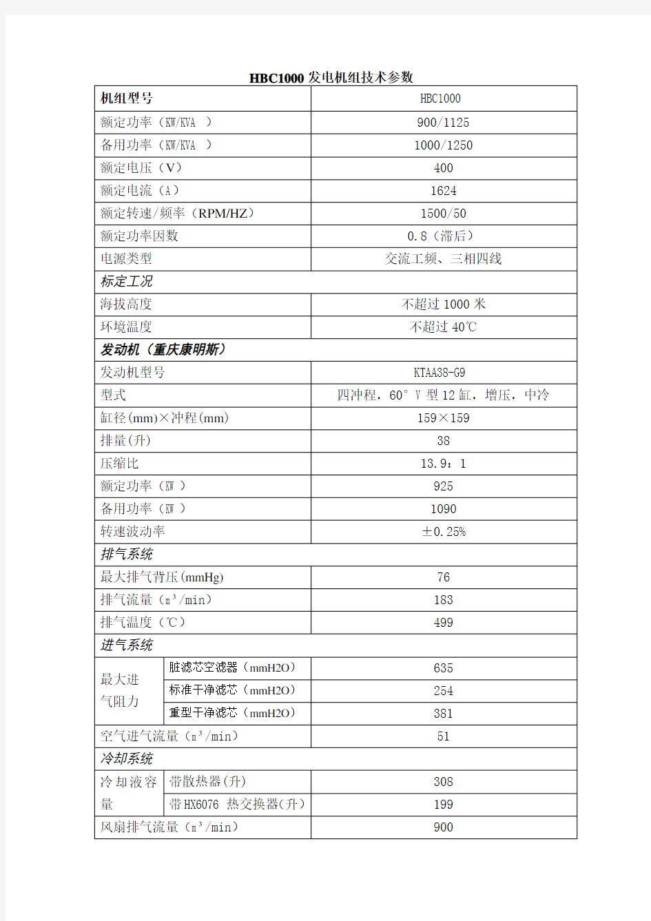 康明斯发电机技术参数