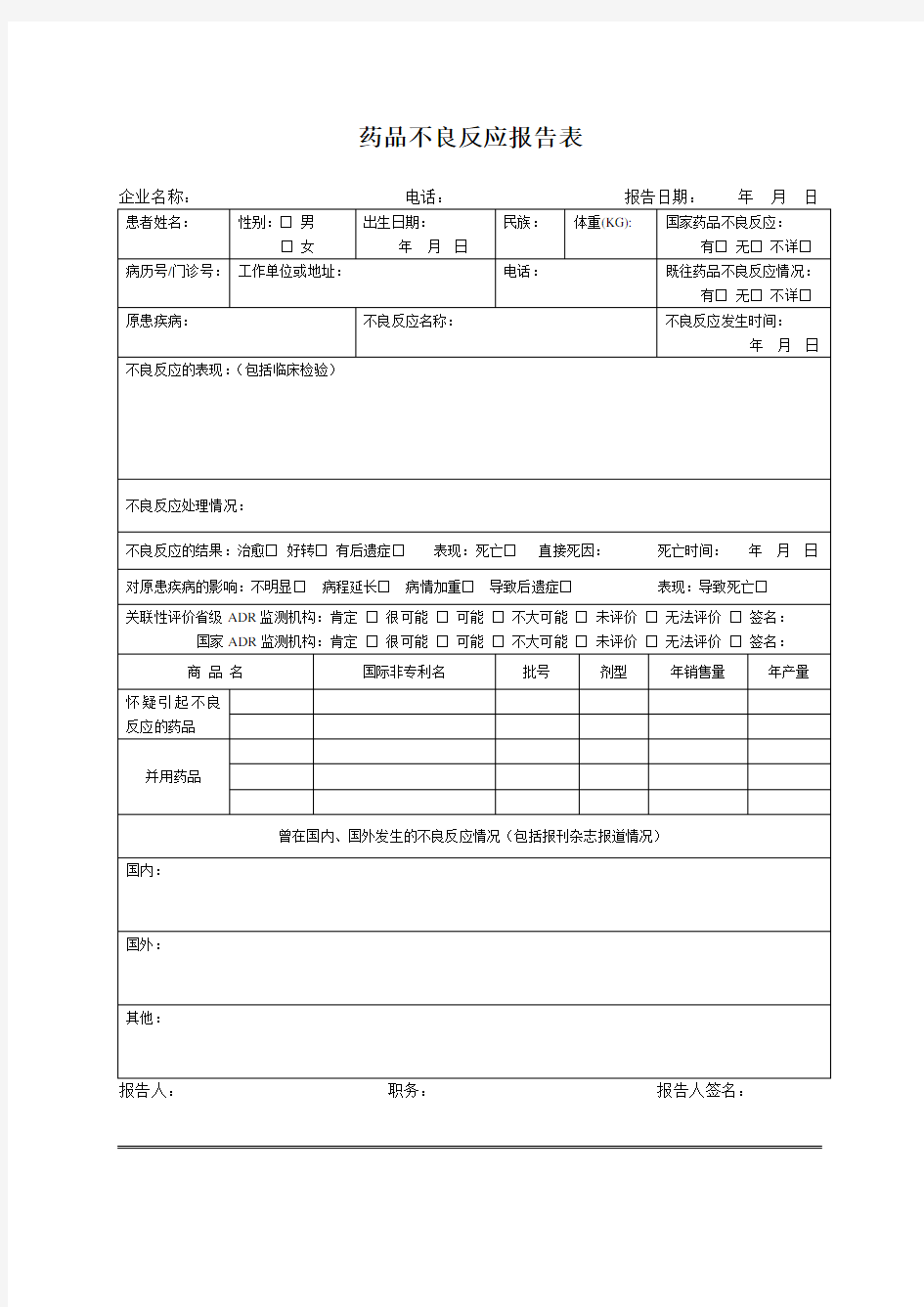 药店GSP表格药品不良反应报告表