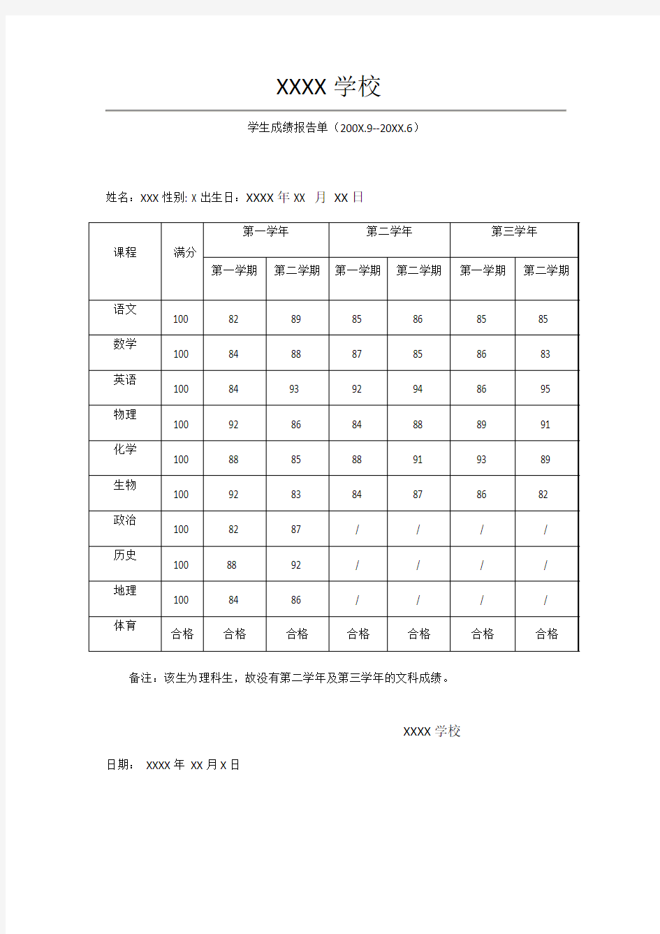 高中成绩单模板