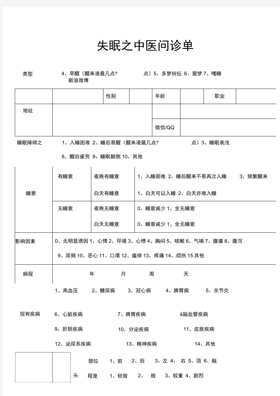 失眠之中医问诊单