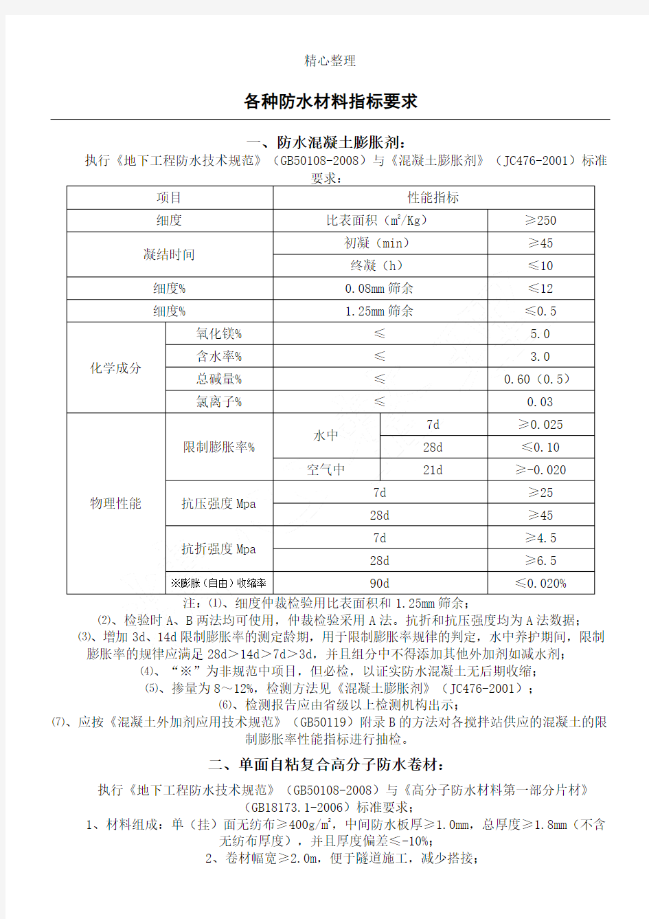 各种防水材料检测指标要求