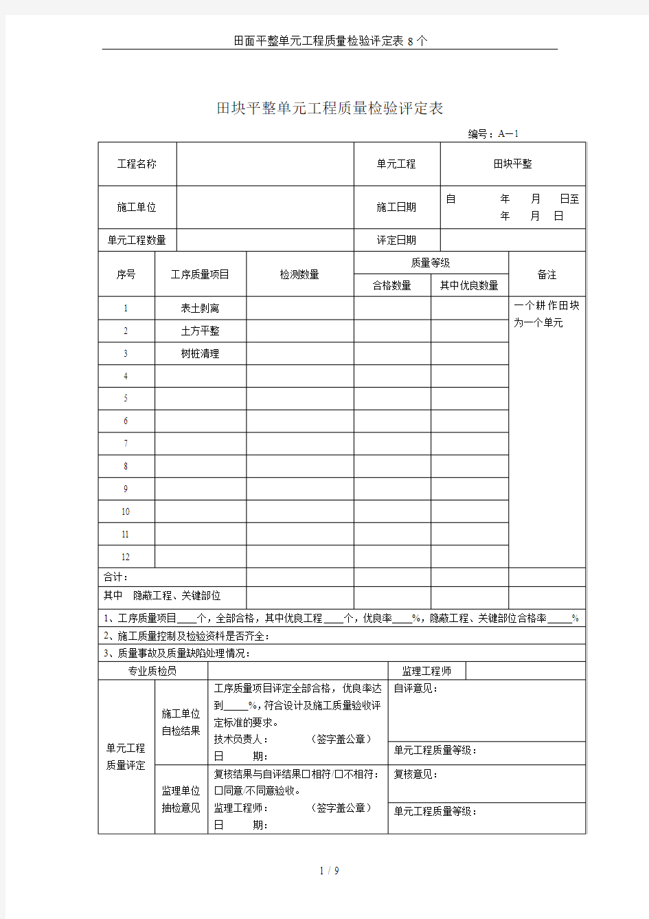 田面平整单元工程质量检验评定表8个