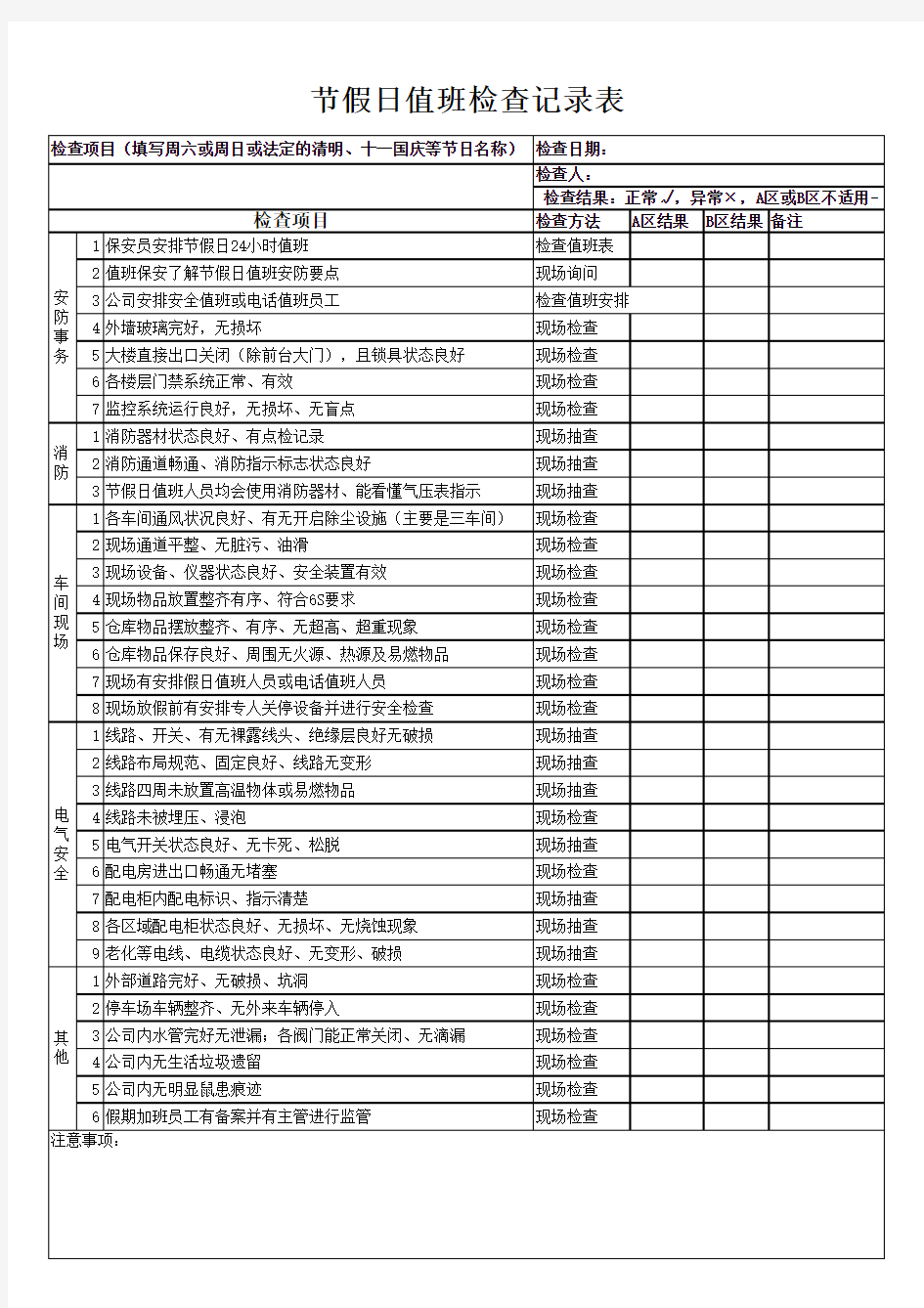 节假日值班点检表