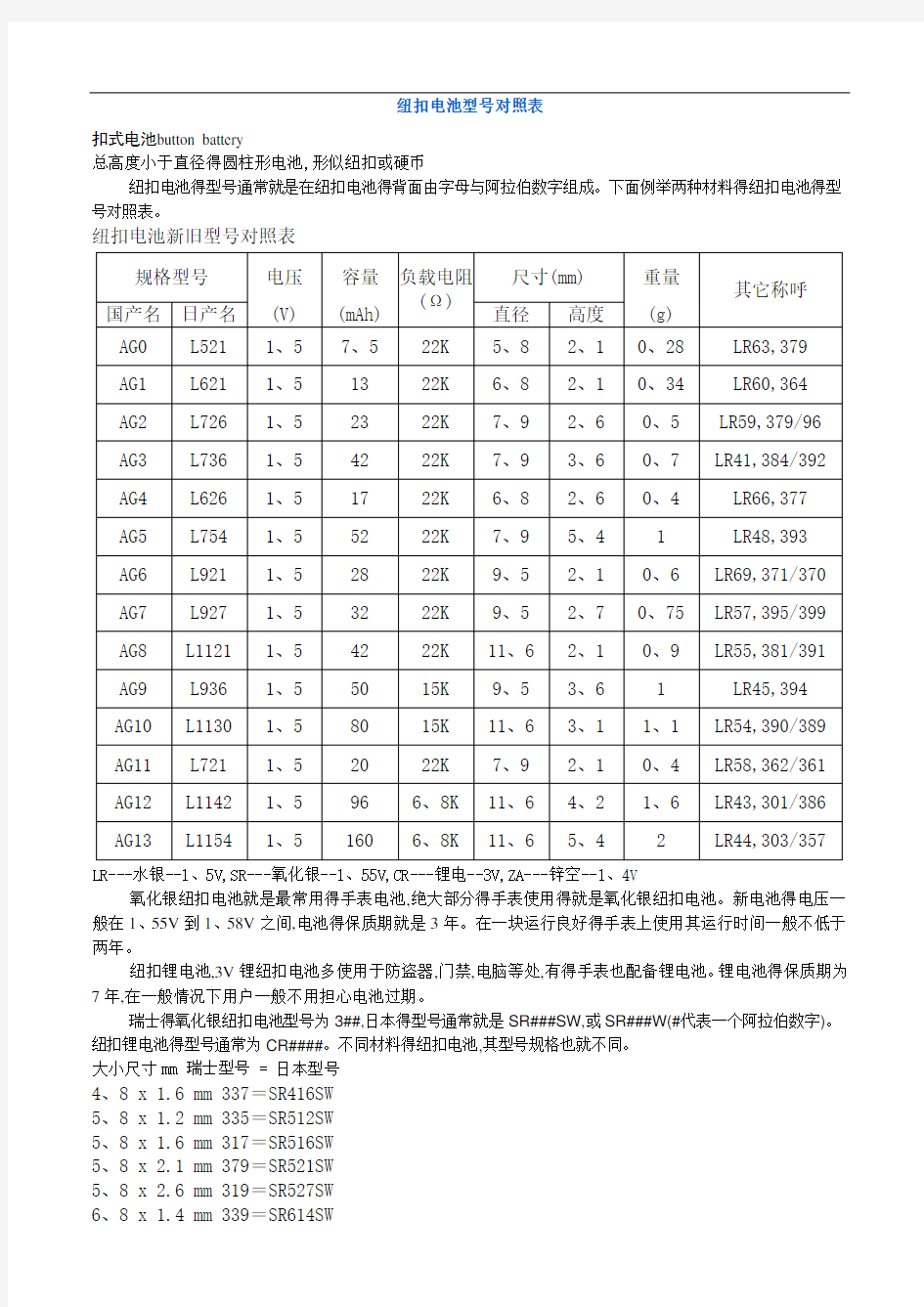 纽扣电池型号对照表