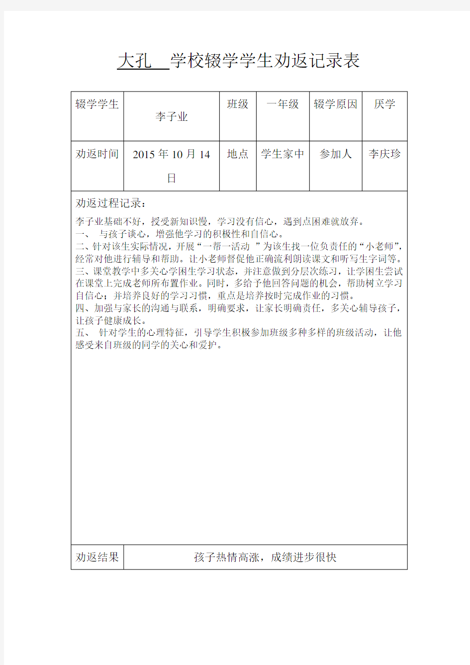 2015年辍学学生劝返记录