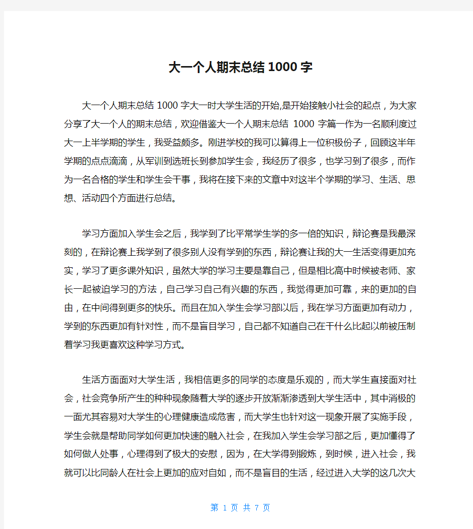 大一个人期末总结1000字