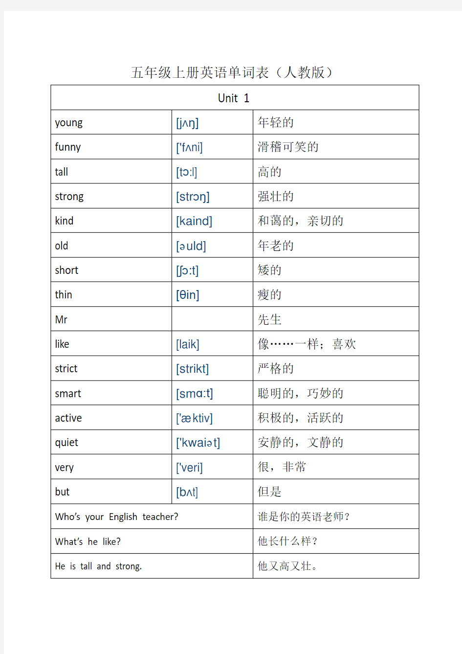 五年级上册英语单词表