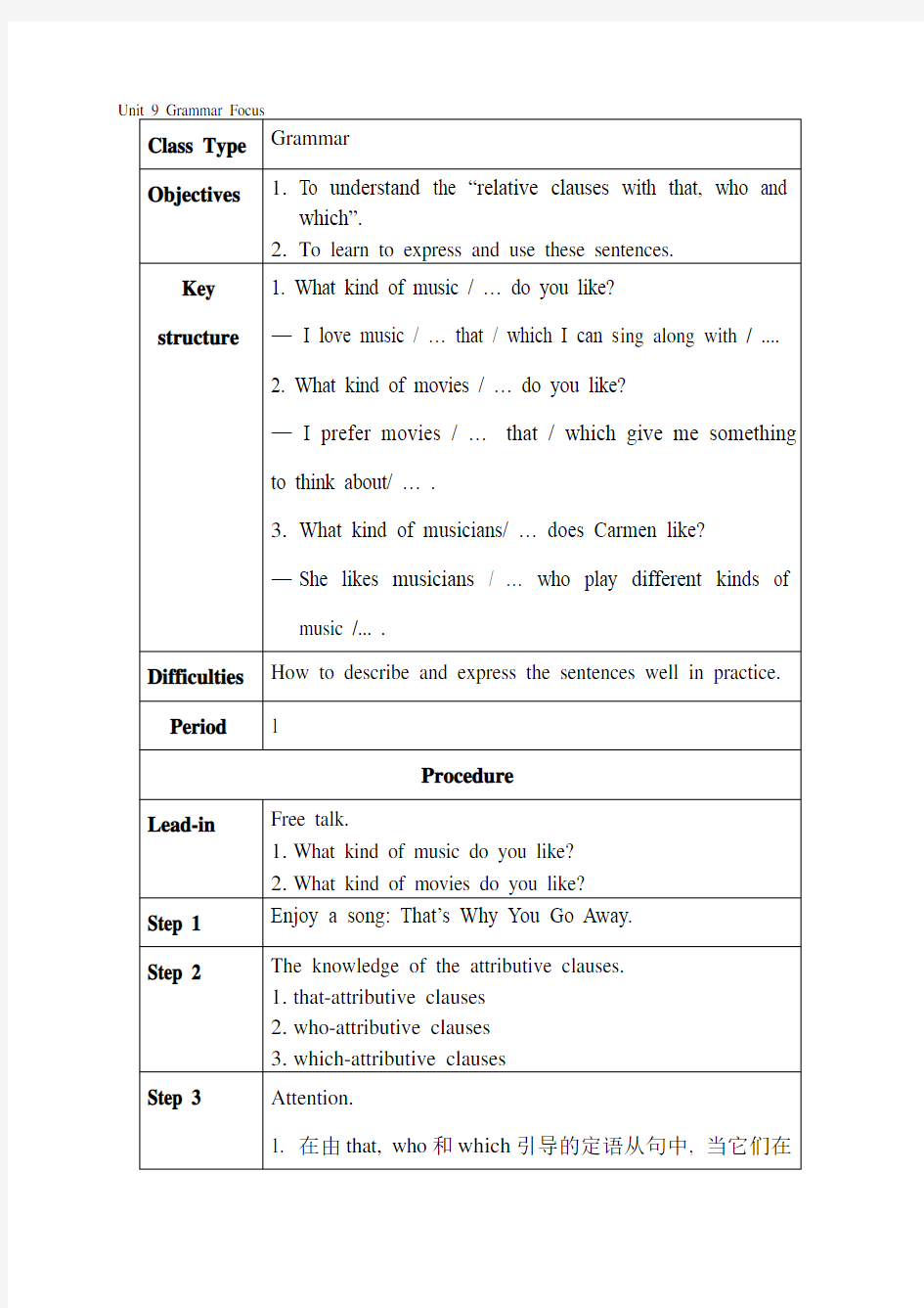 九年级英语上册Unit 9 Grammar Focus 教案设计