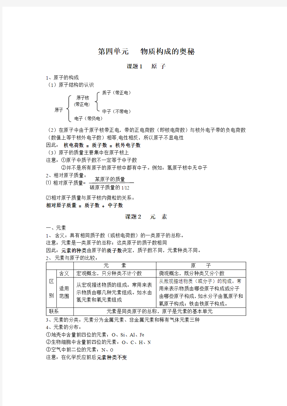 人教版初三化学第四章知识点总结