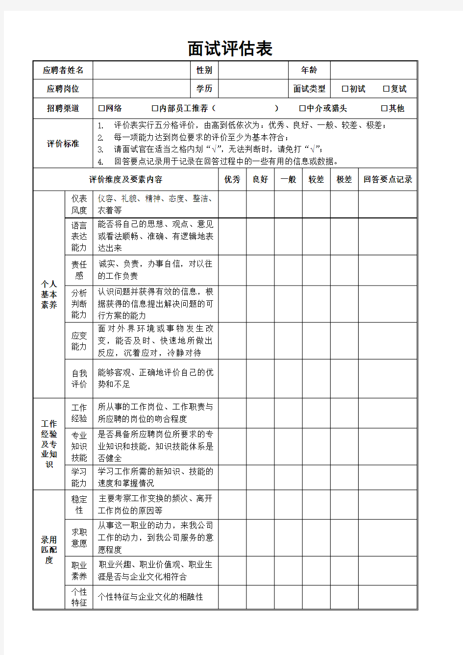 面试评估表(个人新)