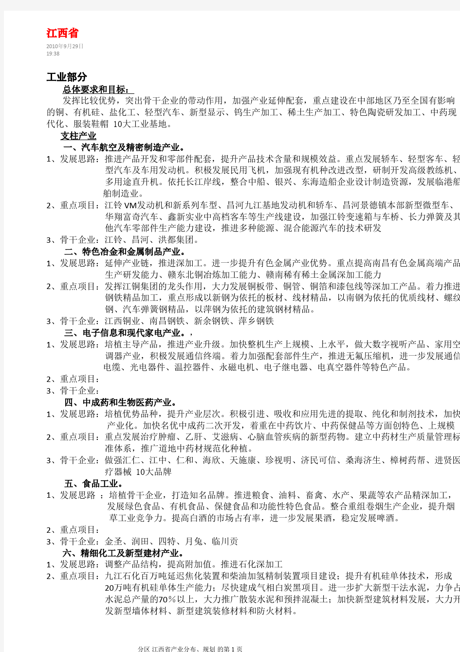 江西省产业分布、规划