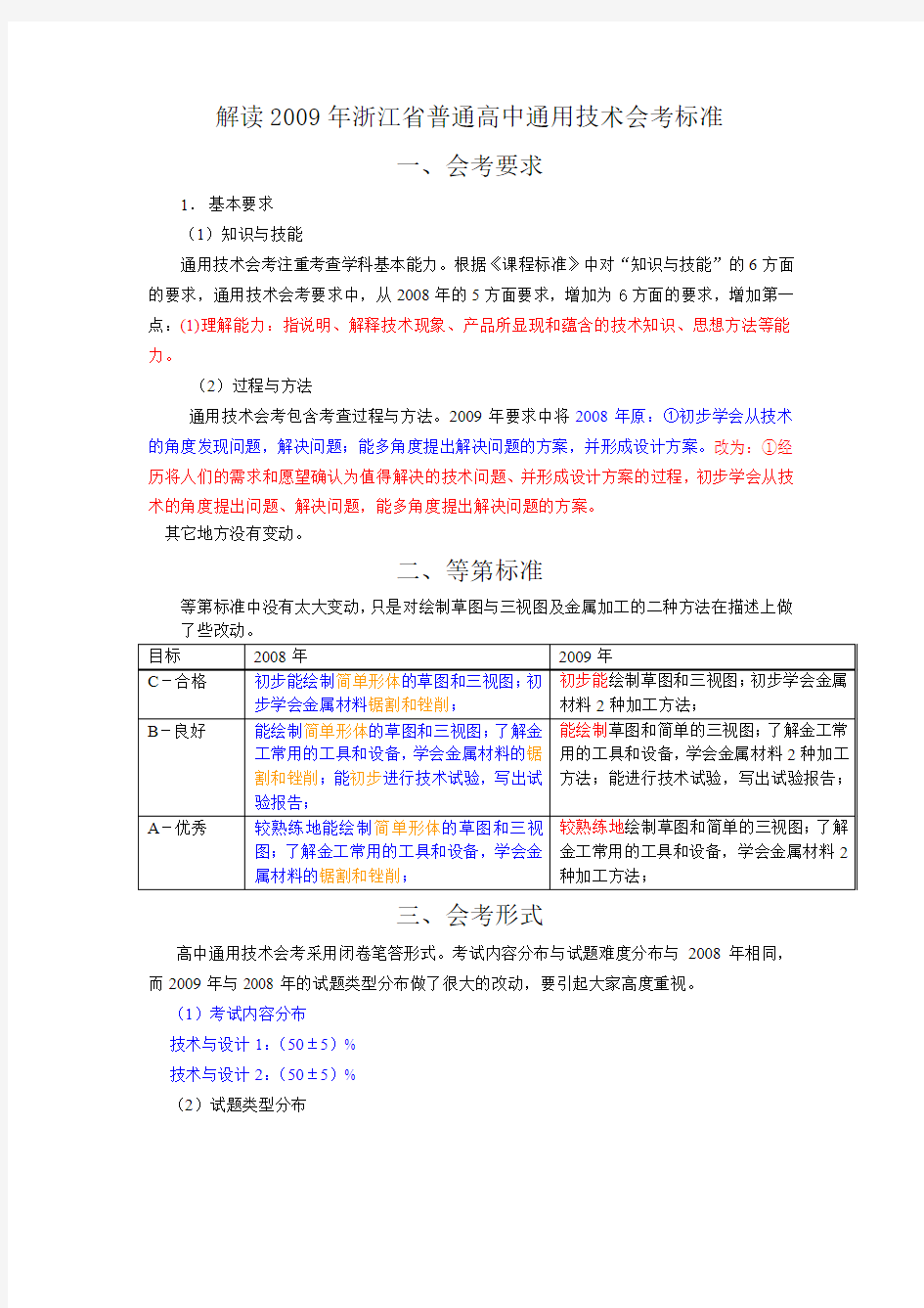 解读2009年浙江省普通高中通用技术会考标准