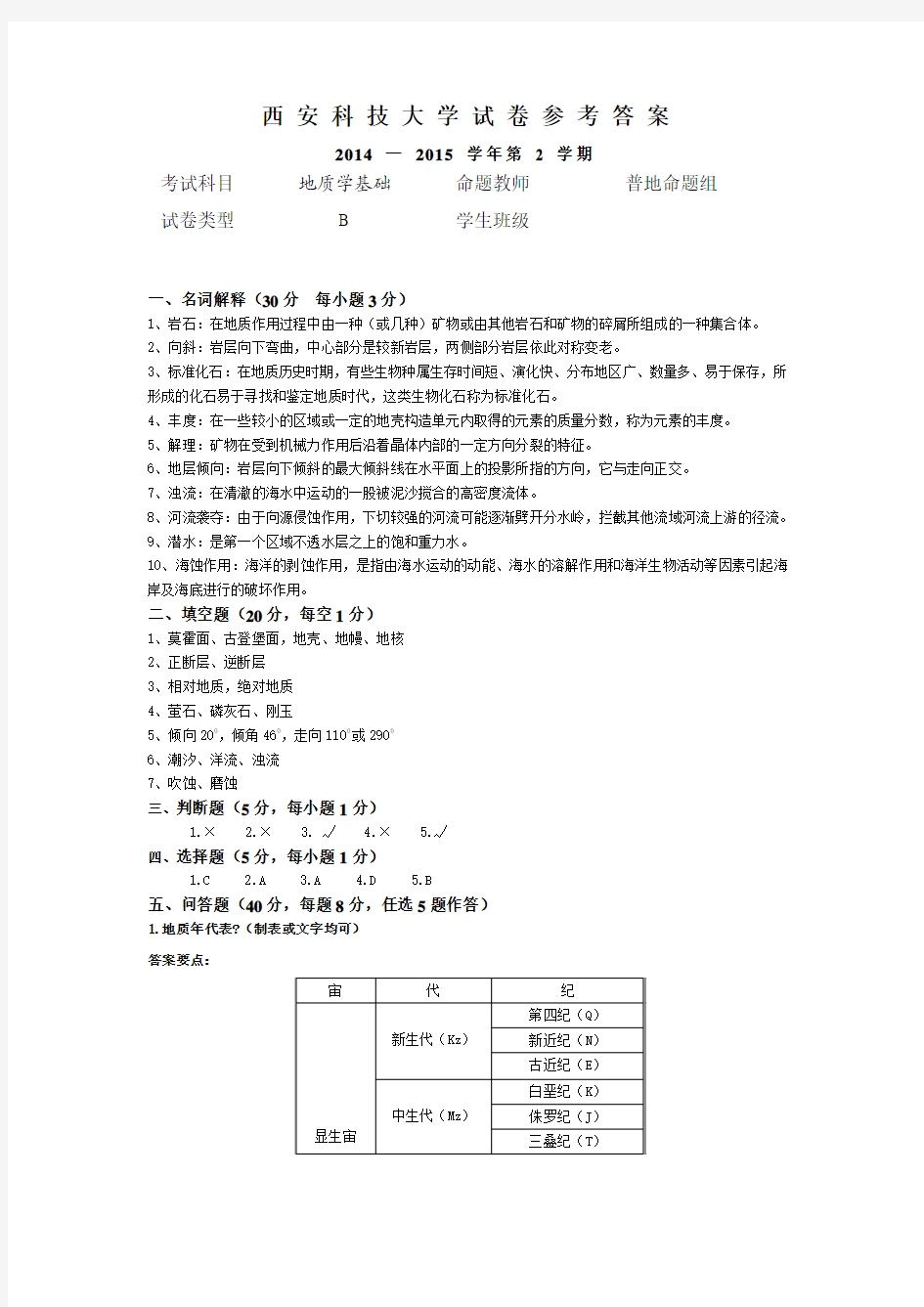 2015普通地质学B卷参考答案