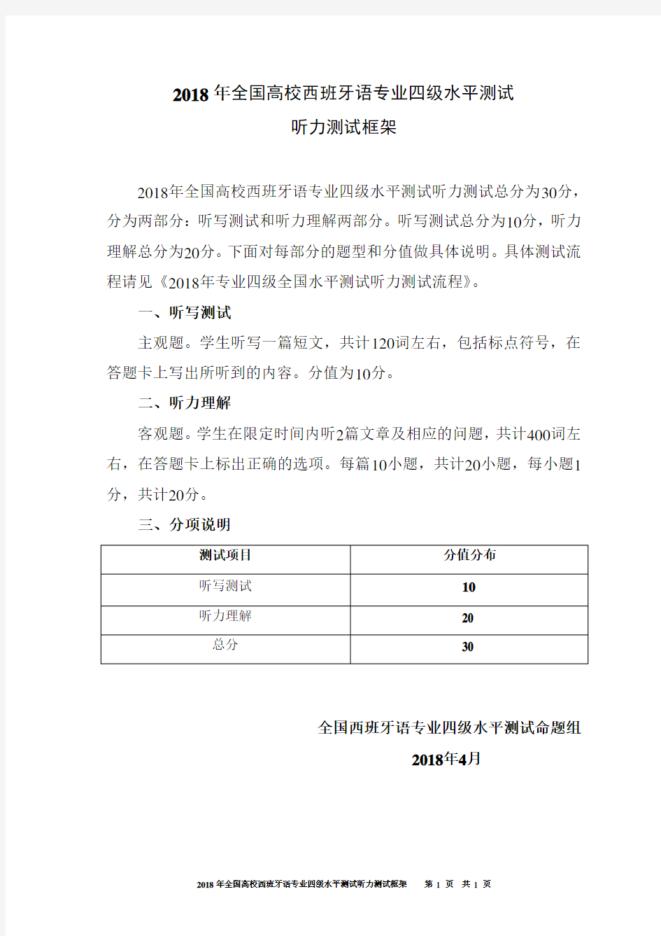 2018年全国高校西班牙语专业四级水平测试听力测试框架(1)