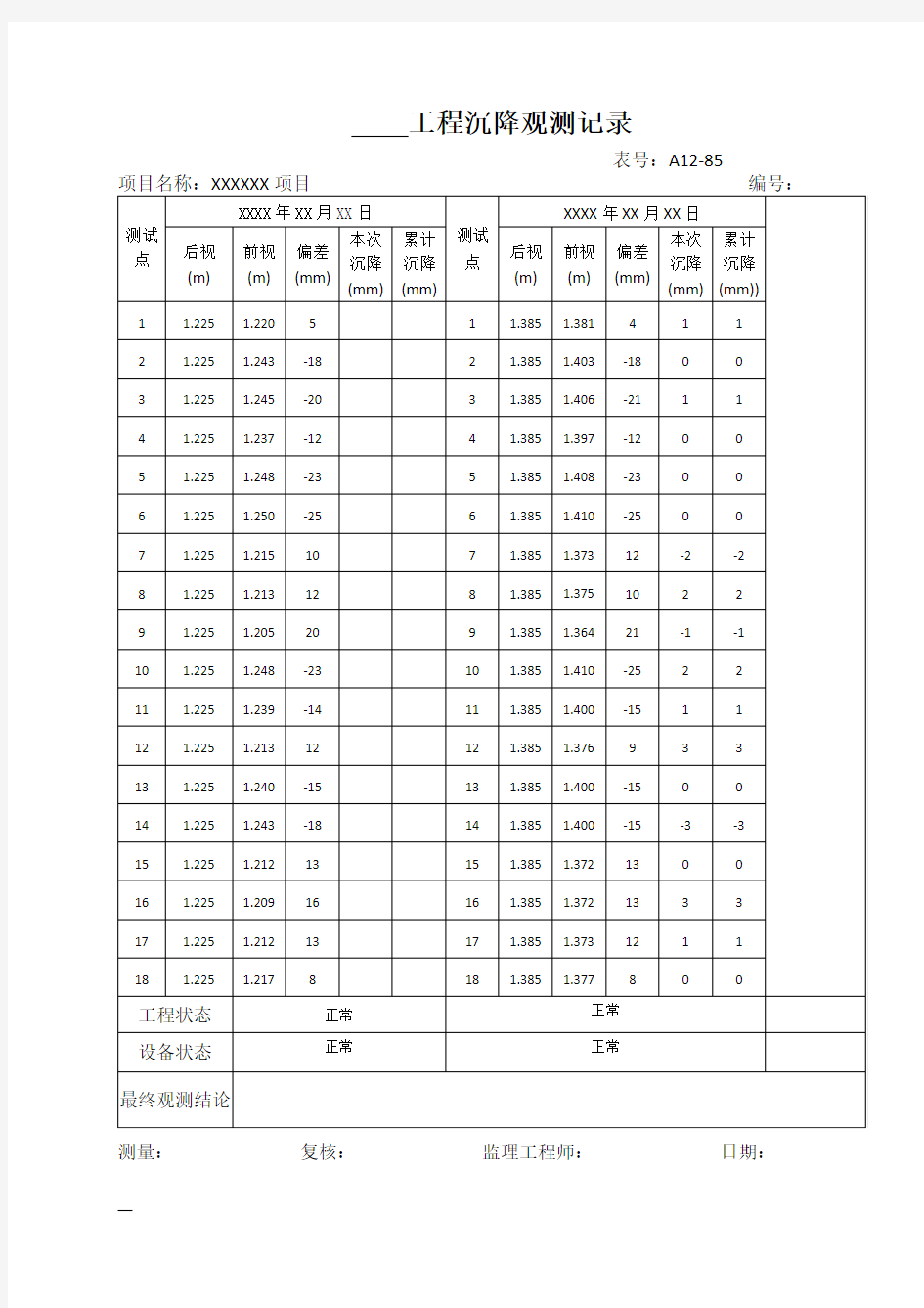 基础沉降观测记录